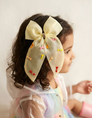 Choko Girls Yellow Long Tail Organza Bow Alligator Clip With Tiny Motifs As Festive Wear - Hair Accessories