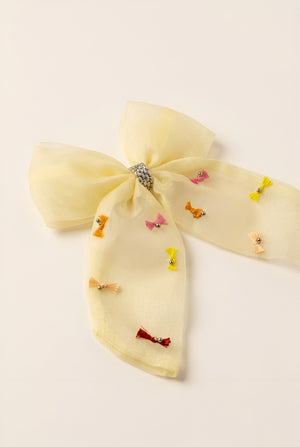 Choko Girls Yellow Long Tail Organza Bow Alligator Clip With Tiny Motifs As Festive Wear - Hair Accessories