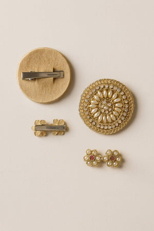 Choko Gold Floral Pearl Hair Clips for Girls with Textured Finish for Festive Styling - Hair Accessories