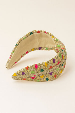 Choko Gold Multicolour Embroidered Hair Band for Girls with Soft Padded Base - Hair Accessories
