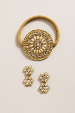 Choko Gold Pearl Medallion Headband with Matching Hair Clips Set for Girls Festive Styling - Hair Accessories