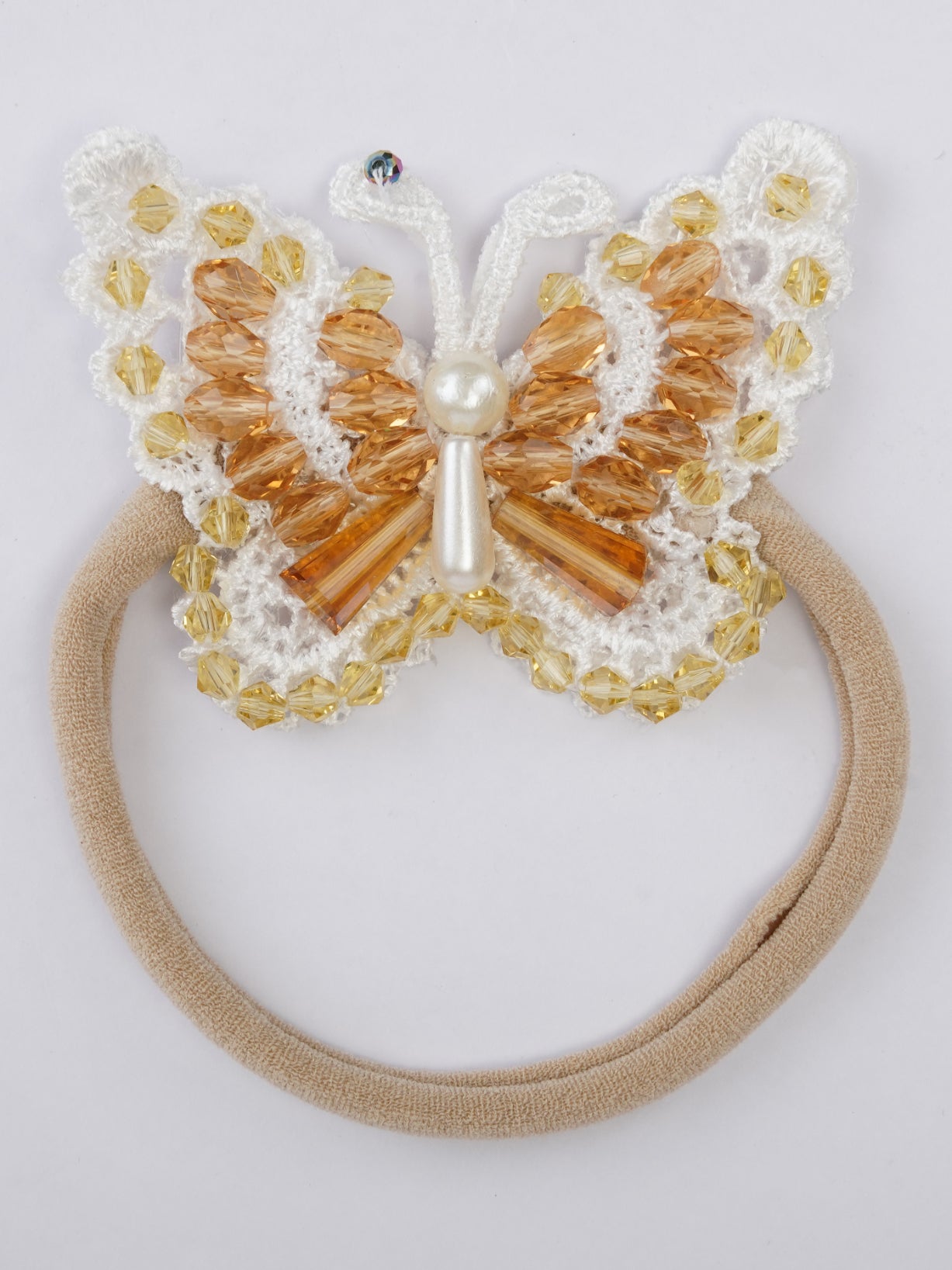 CHOKO Golden Glow Butterfly Hairtie Hairband - Glass Crystal Beads and Pearls - White and Yellow - 235CHK65