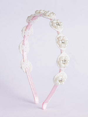 CHOKO - Graceful Blooms - Satin Floral Hairband - Pearls and Lace - White, Pink - CHK013HBP