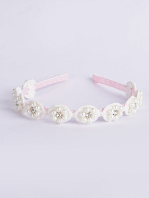 CHOKO - Graceful Blooms - Satin Floral Hairband - Pearls and Lace - White, Pink - CHK013HBP