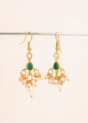 Choko Green Stone Pearl Earrings for Girls & Kids - Gold Tone Ethnic Dangler Pair - Kids Jewellery