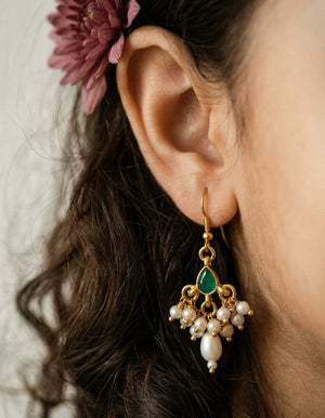 Choko Green Stone Pearl Earrings for Girls & Kids - Gold Tone Ethnic Dangler Pair - Kids Jewellery