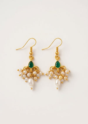 Choko Green Stone Pearl Earrings for Girls & Kids - Gold Tone Ethnic Dangler Pair - Kids Jewellery