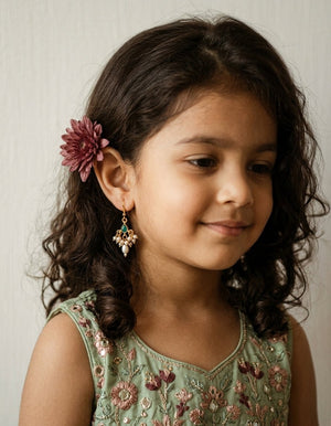 Choko Green Stone Pearl Earrings for Girls & Kids - Gold Tone Ethnic Dangler Pair - Kids Jewellery