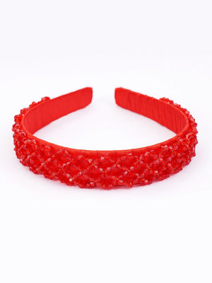 Choko Hairband for Girls - Red Crystal Beaded Headband with Satin Padding for Parties & Daily Wear - Hair Accessories
