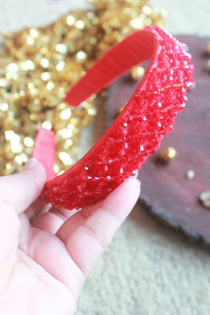 Choko Hairband for Girls - Red Crystal Beaded Headband with Satin Padding for Parties & Daily Wear - Hair Accessories