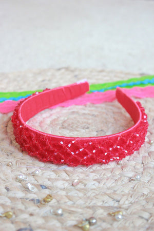 Choko Hairband for Girls - Red Crystal Beaded Headband with Satin Padding for Parties & Daily Wear - Hair Accessories