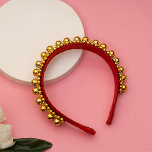 Choko Hairband for Girls - Red Satin Headband with Golden Bead Detailing for Parties & Dress - Up - Hair Accessories