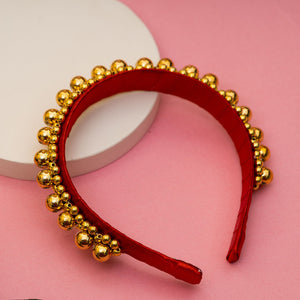 Choko Hairband for Girls - Red Satin Headband with Golden Bead Detailing for Parties & Dress - Up - Hair Accessories