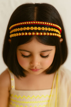 Choko Hairband Set for Girls - 3 Pc Golden Beaded and Floral Design Hair bands with Red Satin Base - Hair Accessories