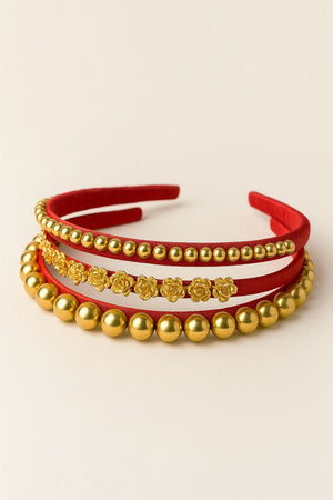 Choko Hairband Set for Girls - 3 Pc Golden Beaded and Floral Design Hair bands with Red Satin Base - Hair Accessories
