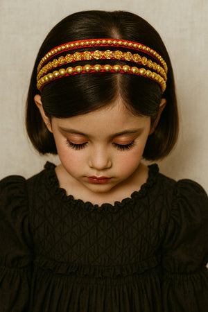 Choko Hairband Set for Girls - 3 Pc Golden Beaded and Floral Design Hair bands with Red Satin Base - Hair Accessories