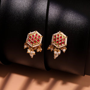 Choko Kundan Pearl Earrings for Girls & Kids - Red & Gold Festive Drops - Kids Jewellery