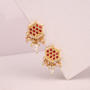 Choko Kundan Pearl Earrings for Girls & Kids - Red & Gold Festive Drops - Kids Jewellery