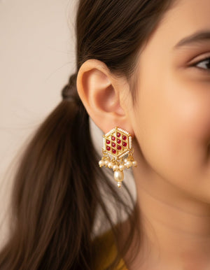 Choko Kundan Pearl Earrings for Girls & Kids - Red & Gold Festive Drops - Kids Jewellery