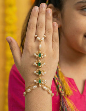 Choko Kundan Pearl Haathphool for Girls & Kids - Green Stone Charm in Gold Tone - Kids Jewellery
