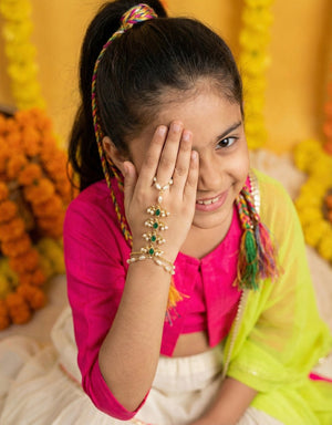 Choko Kundan Pearl Haathphool for Girls & Kids - Green Stone Charm in Gold Tone - Kids Jewellery