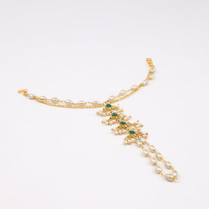 Choko Kundan Pearl Haathphool for Girls & Kids - Green Stone Charm in Gold Tone - Kids Jewellery