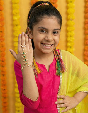 Choko Kundan Pearl Haathphool for Girls & Kids - Green Stone Charm in Gold Tone - Kids Jewellery