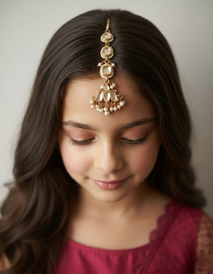 Choko Kundan Pearl Maangtikka for Girls & Kids - Classic Gold Festive Forehead Accessory - Kids Jewellery