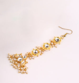 Choko Kundan Pearl Maangtikka for Girls & Kids - Classic Gold Festive Forehead Accessory - Kids Jewellery