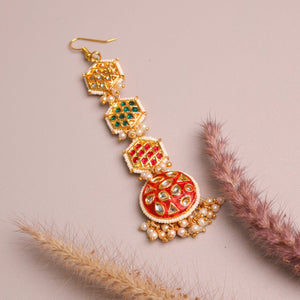 Choko Kundan Pearl Maangtikka for Girls & Kids - Red, Green & Gold Festive Charm - Kids Jewellery