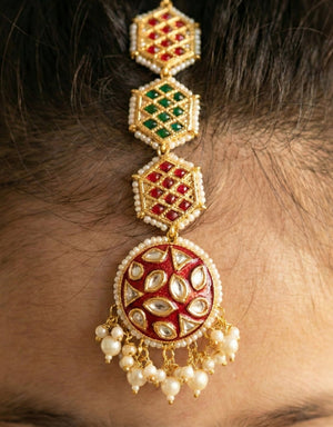 Choko Kundan Pearl Maangtikka for Girls & Kids - Red, Green & Gold Festive Charm - Kids Jewellery
