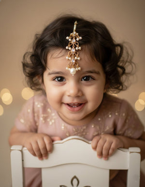 Choko Kundan Pearl Maangtikka for Girls & Kids - White Stone Festive Gold Charm - Kids Jewellery