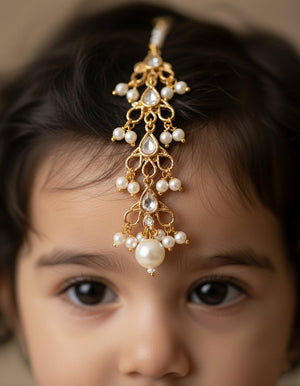 Choko Kundan Pearl Maangtikka for Girls & Kids - White Stone Festive Gold Charm - Kids Jewellery