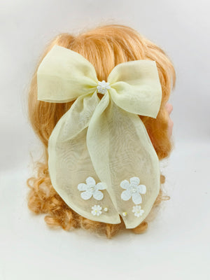 CHOKO Lemony Organza Bow Alligator Hairclip - Cotton Flower and Pearl Embellishments - 235CHK74