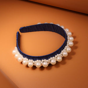 Choko Navy Satin Ribbon Hairband Embellished with Rows of Pearls - Hair Accessory for Girls - Hair Accessories