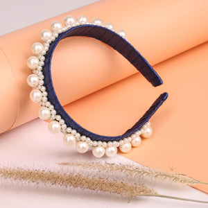 Choko Navy Satin Ribbon Hairband Embellished with Rows of Pearls - Hair Accessory for Girls - Hair Accessories