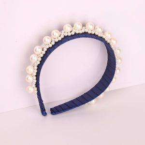 Choko Navy Satin Ribbon Hairband Embellished with Rows of Pearls - Hair Accessory for Girls - Hair Accessories