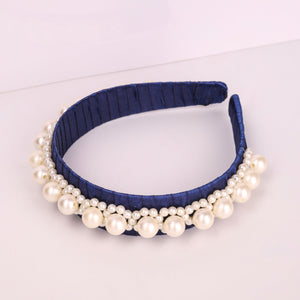 Choko Navy Satin Ribbon Hairband Embellished with Rows of Pearls - Hair Accessory for Girls - Hair Accessories