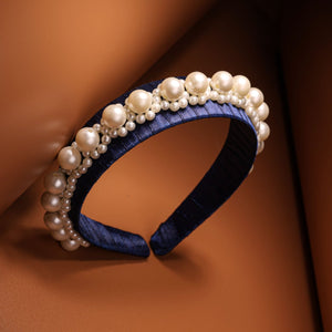 Choko Navy Satin Ribbon Hairband Embellished with Rows of Pearls - Hair Accessory for Girls - Hair Accessories