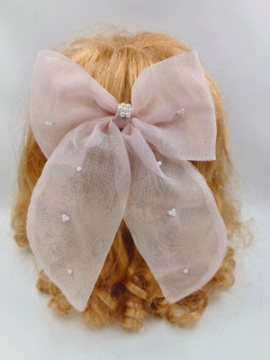 CHOKO Organza Bow Alligator Hairclip with Pearl Embellishments - Peach, Pink, White - 235CHK78