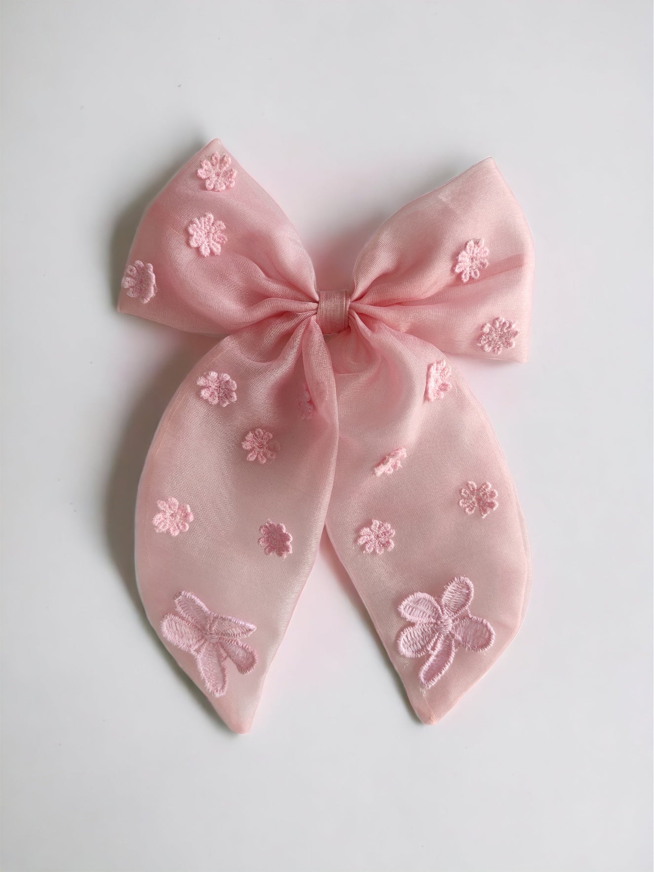 CHOKO Organza Bow Alligator Hairclip with Threaded Flower Embellishments - Pink - 235CHK77