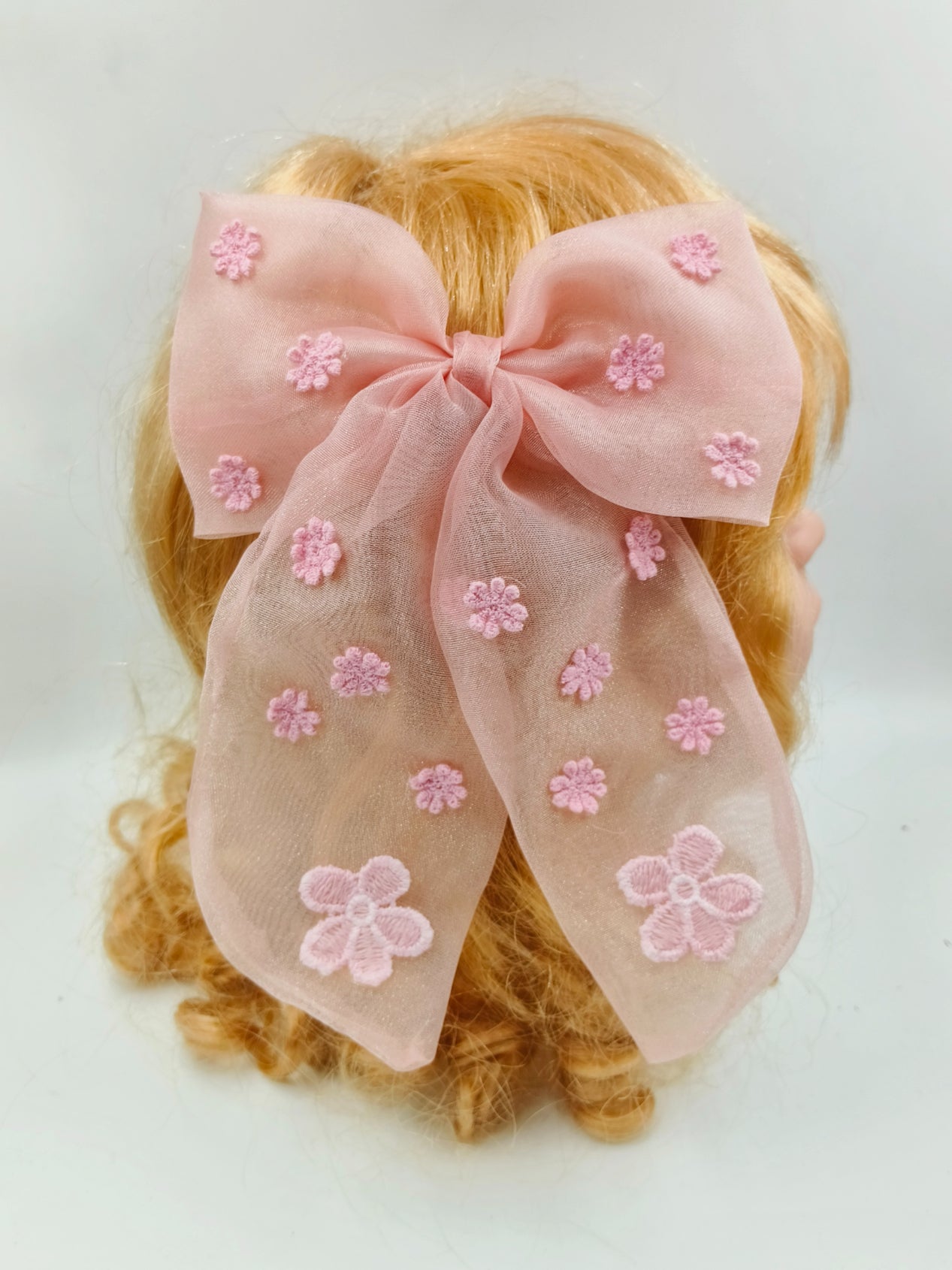 CHOKO Organza Bow Alligator Hairclip with Threaded Flower Embellishments - Pink - 235CHK77