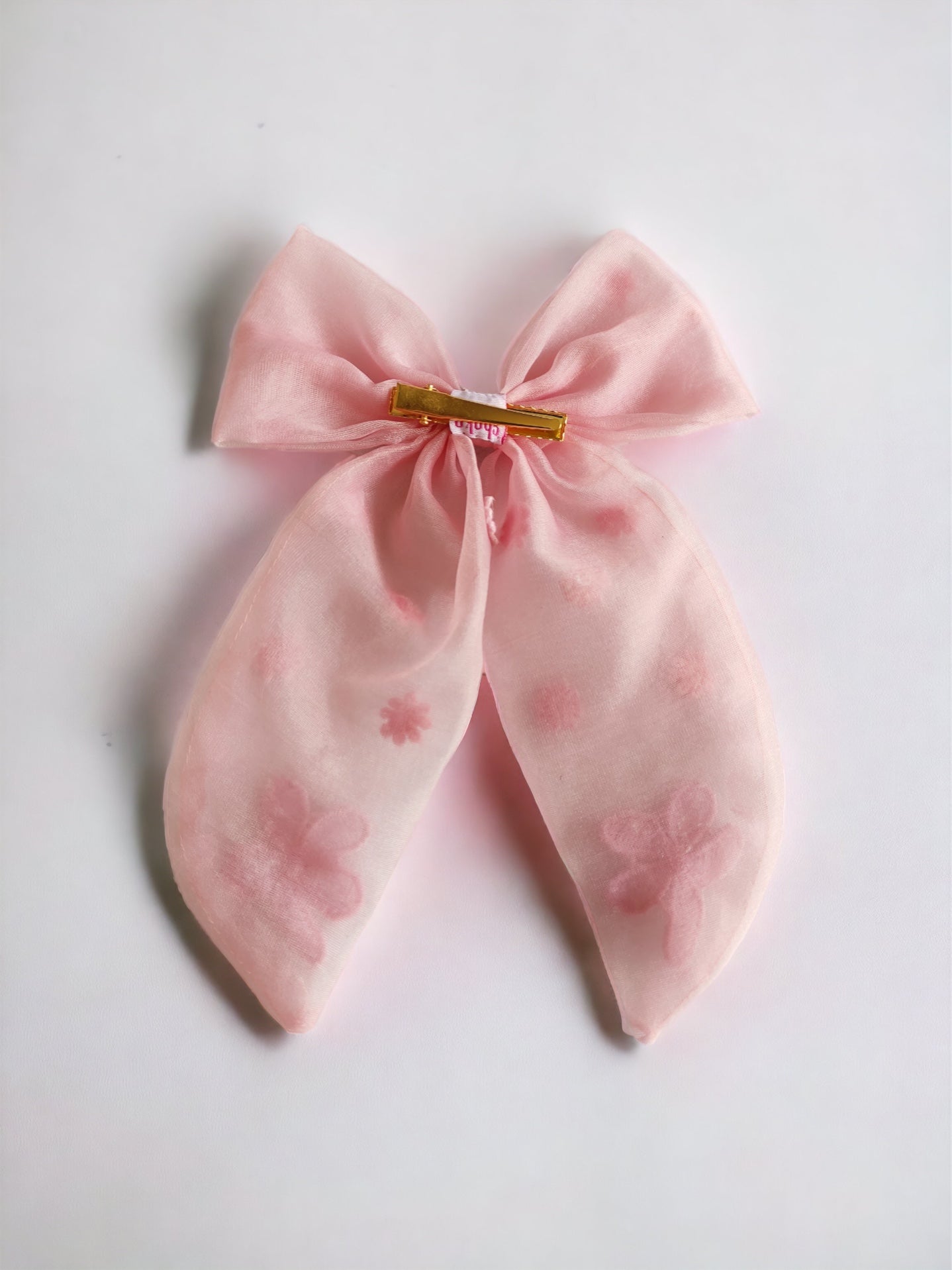 CHOKO Organza Bow Alligator Hairclip with Threaded Flower Embellishments - Pink - 235CHK77
