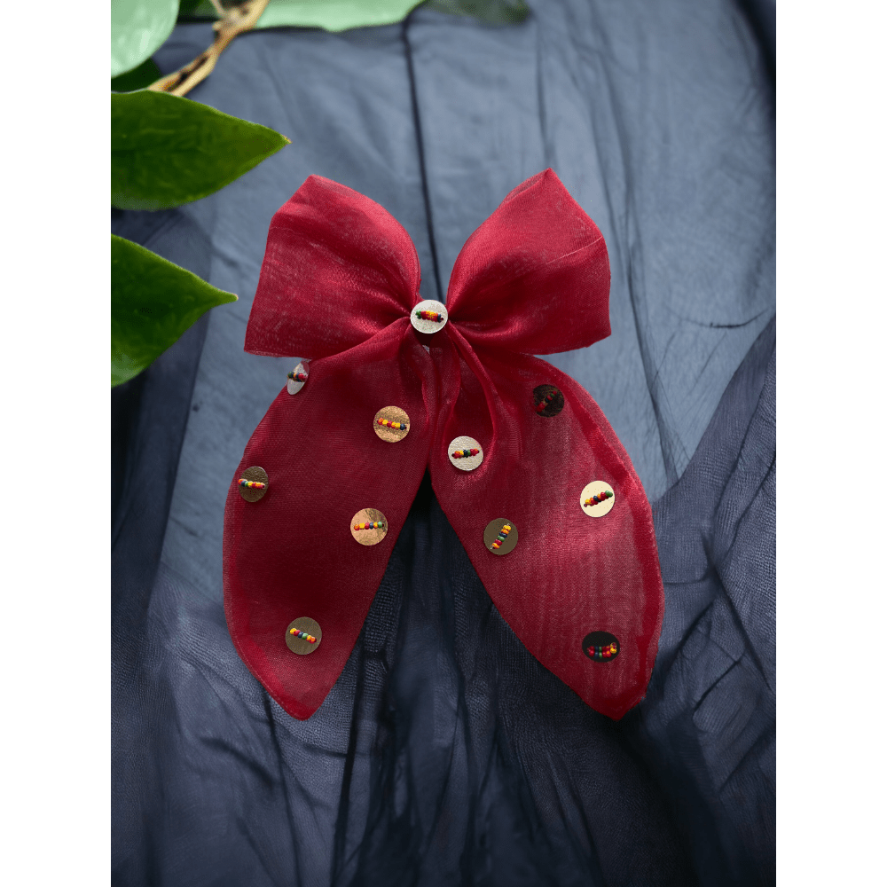 CHOKO Organza Bow Hair Clip - Red, Silver - 240CHK37
