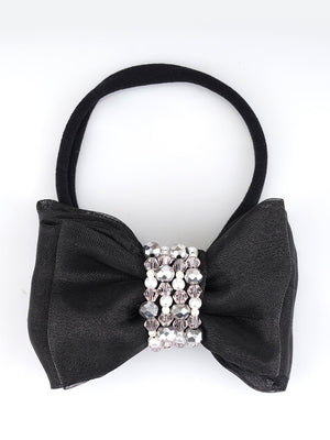 CHOKO - Organza Fabric - Black Triple Layered Bow Hair Tie - Crystal Bead and Pearl Embellishment - CHK203NBB