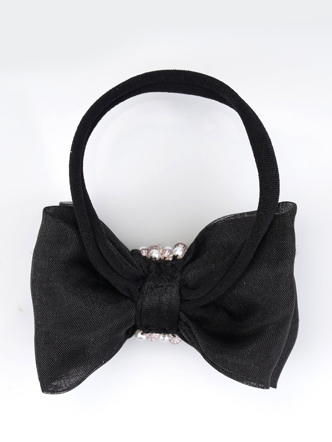 CHOKO - Organza Fabric - Black Triple Layered Bow Hair Tie - Crystal Bead and Pearl Embellishment - CHK203NBB