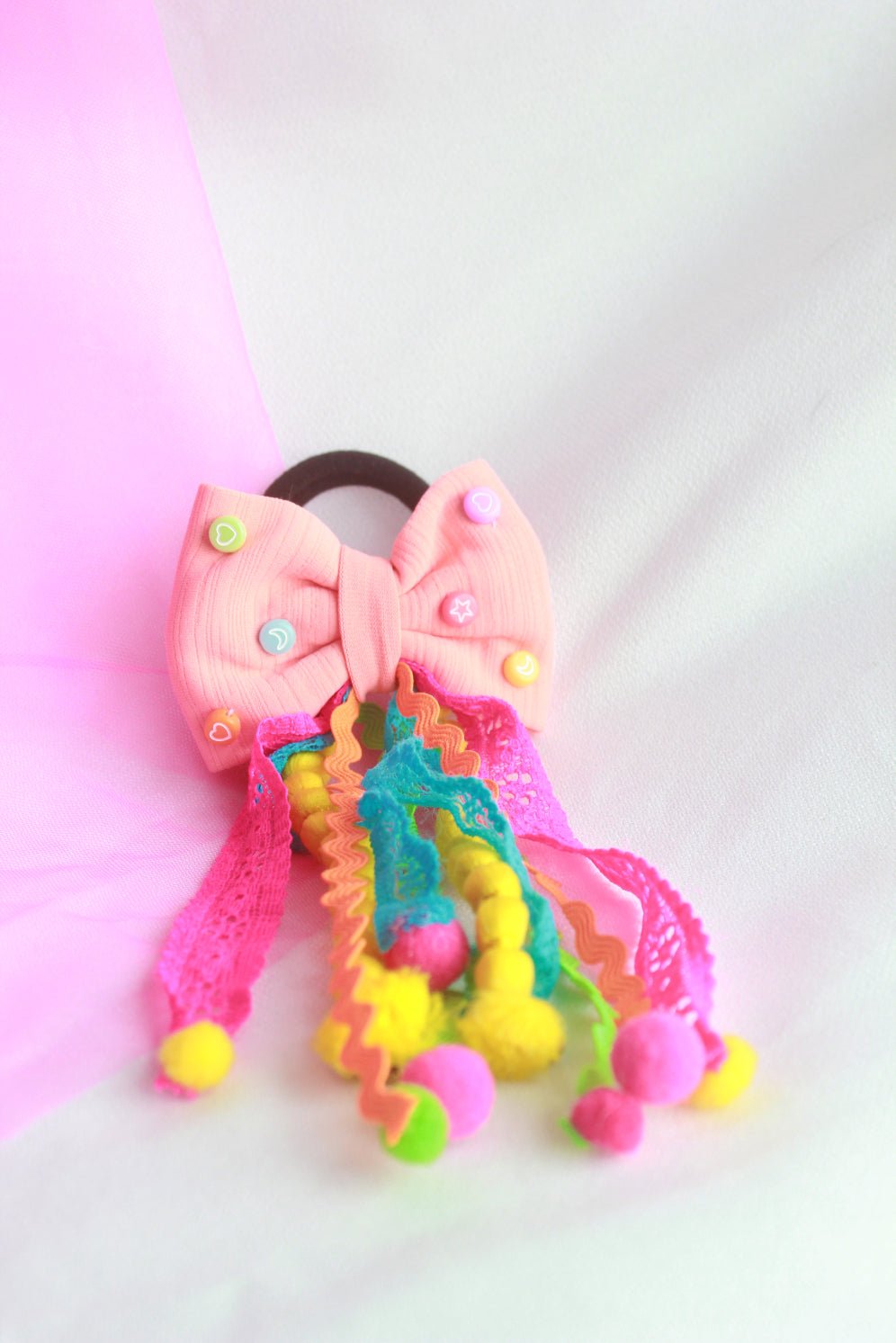 CHOKO Peach Embellished Bow Hairtie with Pompoms - CHK300