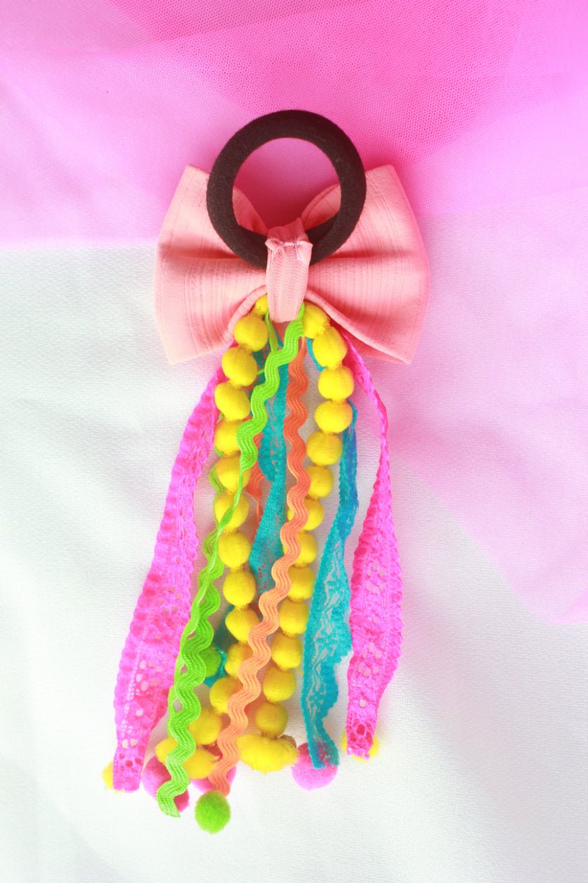 CHOKO Peach Embellished Bow Hairtie with Pompoms - CHK300