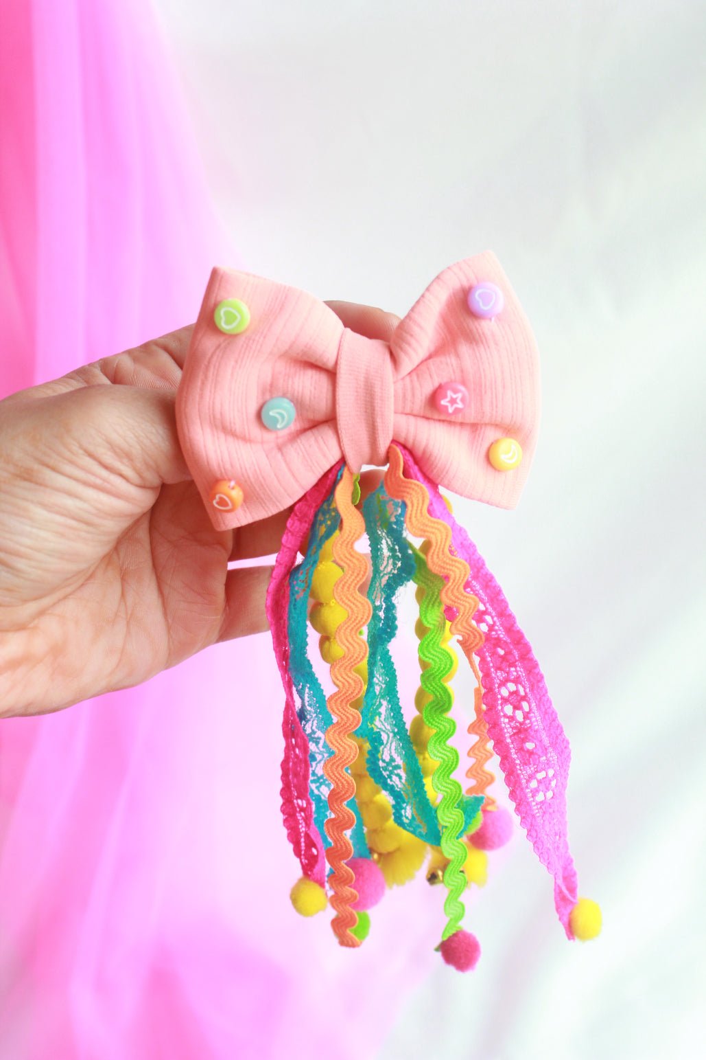 CHOKO Peach Embellished Bow Hairtie with Pompoms - CHK300