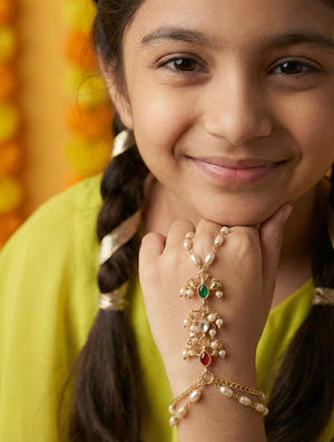 Choko Pearl Kundan Haathphool for Girls & Kids - Red & Green Festive Hand Accessory - Kids Jewellery